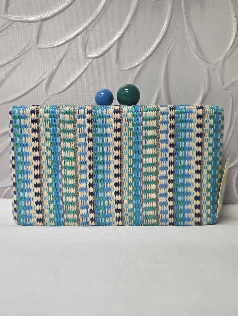 Shiraleah Positano Minaudiere Aqua Blue Multi Woven Hard Case Clutch